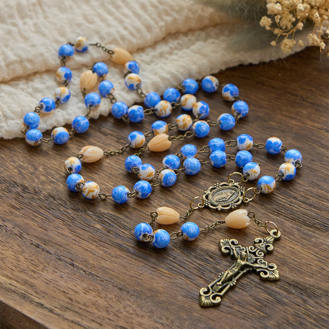 Christianartworkshop Handmade Floral Rosary with Blue Rose Beads & Lily of Valley: A Peaceful Companion