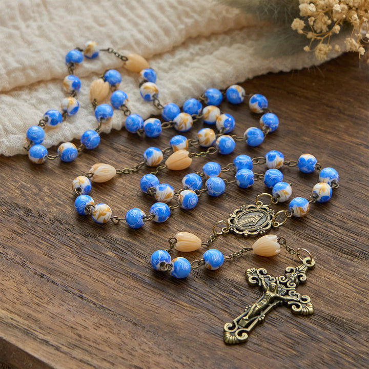 Christianartworkshop Handmade Floral Rosary with Blue Rose Beads & Lily of Valley: A Peaceful Companion