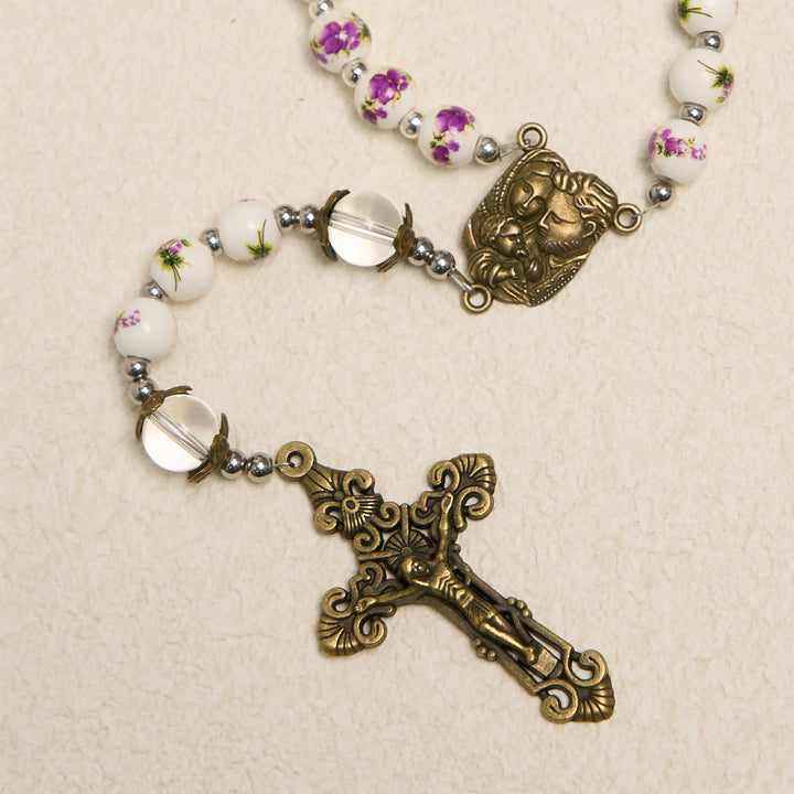 Christianartworkshop Handmade Violet - Inspired Rosary: A Heavenly Craft with Purple Floral Porcelain Beads