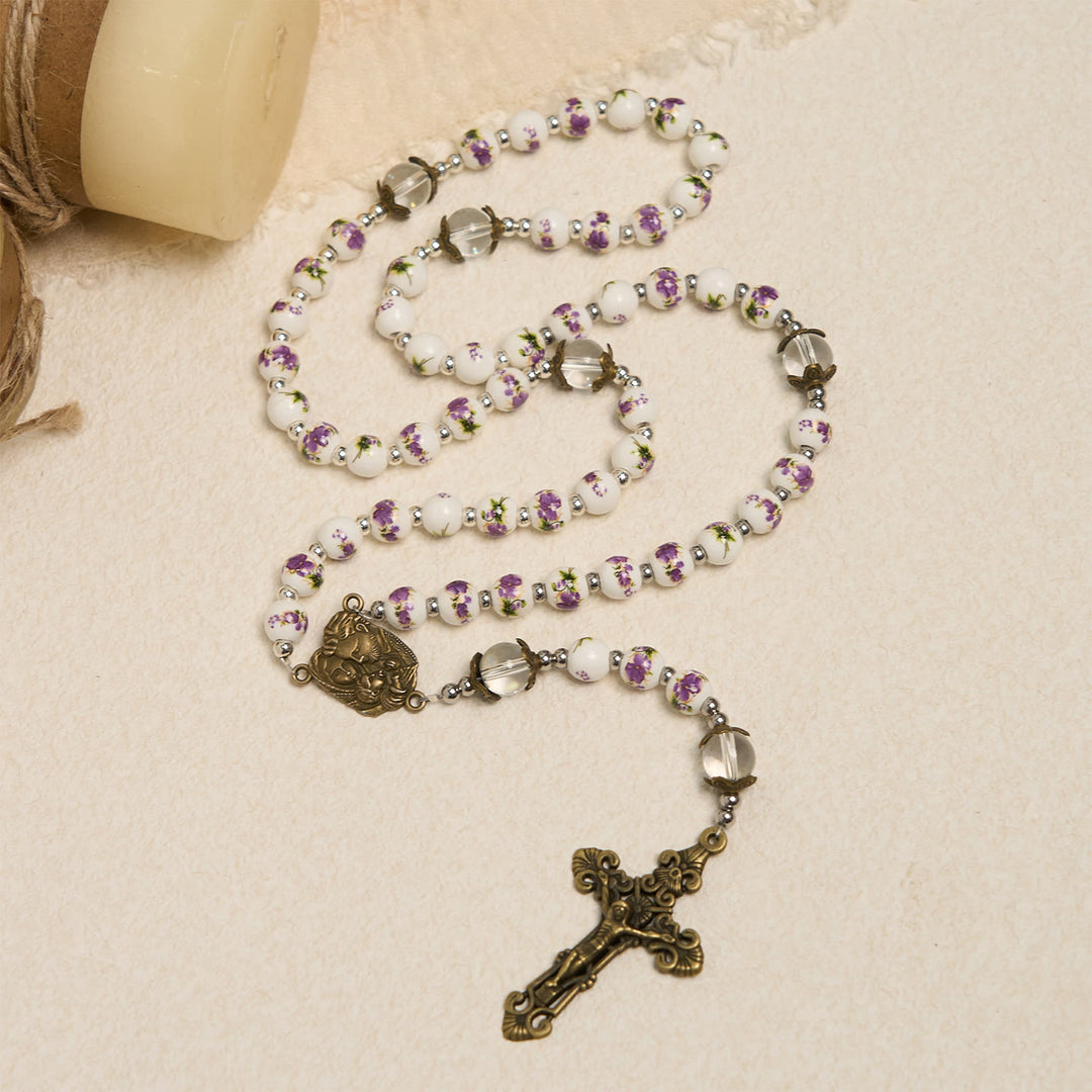 Christianartworkshop Handmade Violet - Inspired Rosary: A Heavenly Craft with Purple Floral Porcelain Beads