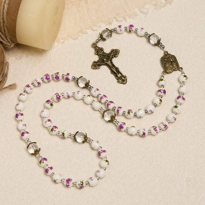 Christianartworkshop Handmade Violet - Inspired Rosary: A Heavenly Craft with Purple Floral Porcelain Beads