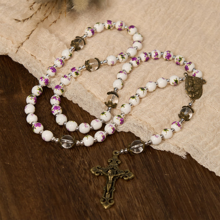 Christianartworkshop Handmade Violet - Inspired Rosary: A Heavenly Craft with Purple Floral Porcelain Beads
