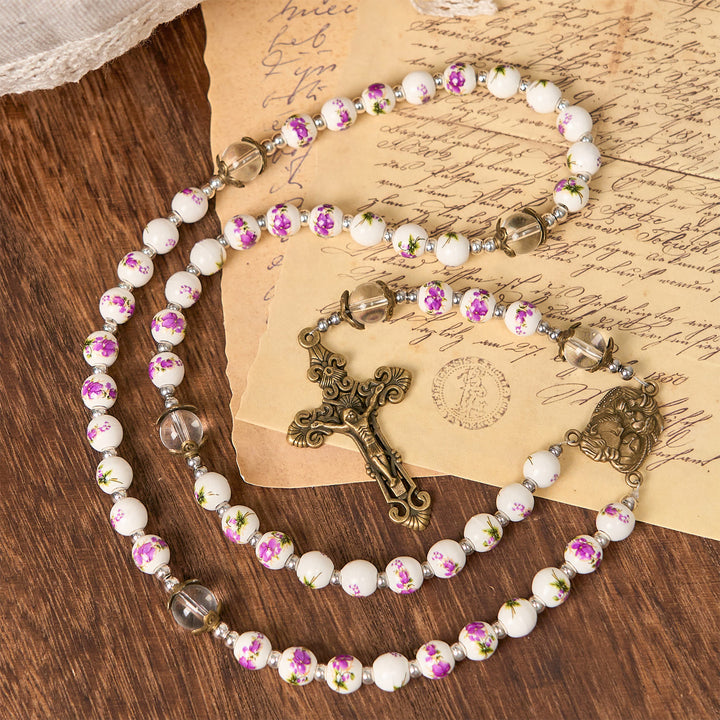 Christianartworkshop Handmade Violet - Inspired Rosary: A Heavenly Craft with Purple Floral Porcelain Beads