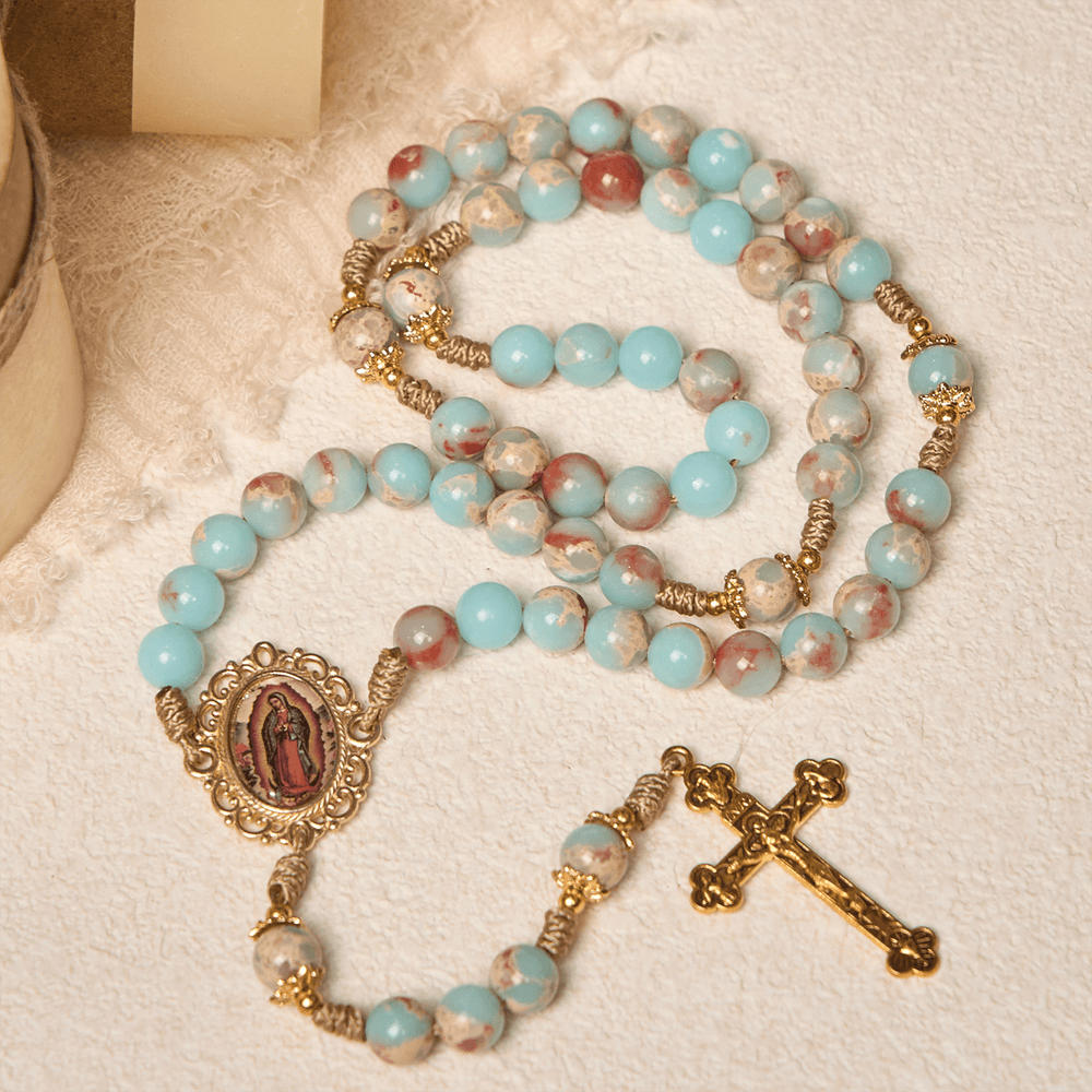 FREE Today: Aqua Stone Prayer Rosary with Gold Accents: A Divine Source of Peace and Devotion - image 1