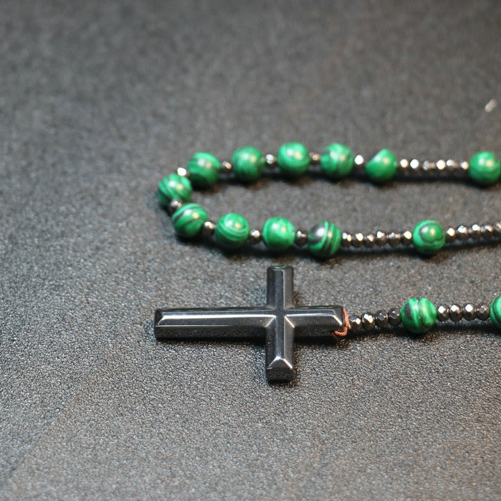Christianartworkshop 8mm Malachite Beads Iron Gallstone Cross Rosary
