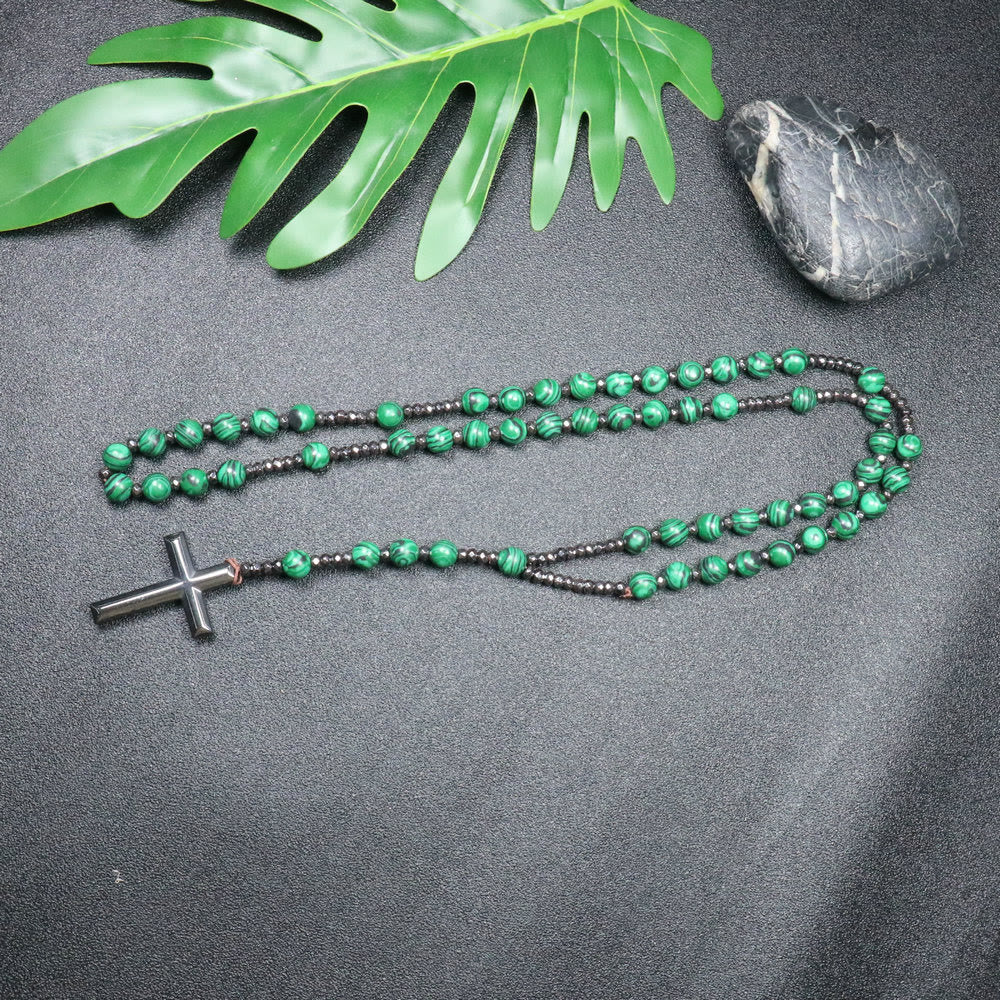 Christianartworkshop 8mm Malachite Beads Iron Gallstone Cross Rosary