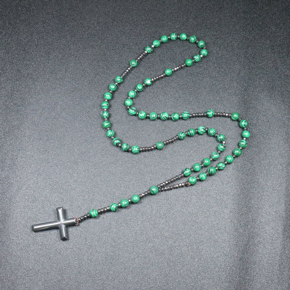 Christianartworkshop 8mm Malachite Beads Iron Gallstone Cross Rosary