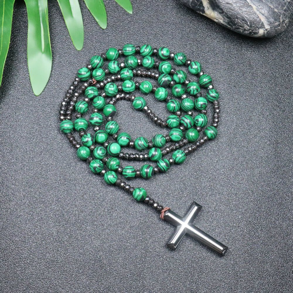 Christianartworkshop 8mm Malachite Beads Iron Gallstone Cross Rosary