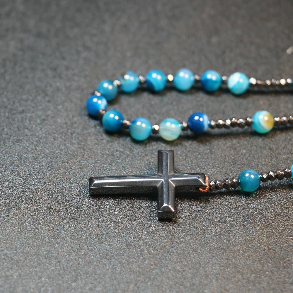 Christianartworkshop 8mm Striped Blue Agate Natural Stone Beads Iron Gallstone Cross Rosary