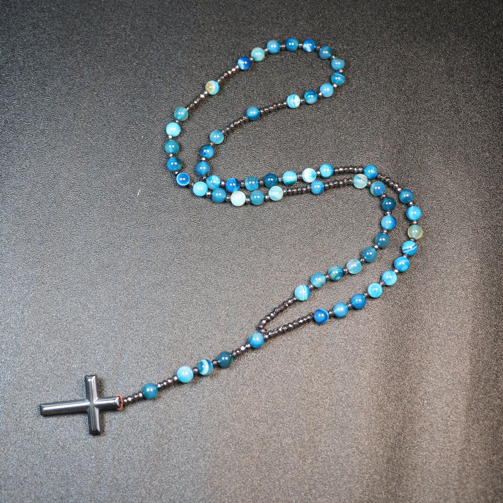 Christianartworkshop 8mm Striped Blue Agate Natural Stone Beads Iron Gallstone Cross Rosary