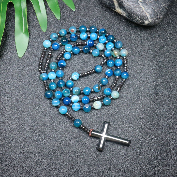 Christianartworkshop 8mm Striped Blue Agate Natural Stone Beads Iron Gallstone Cross Rosary