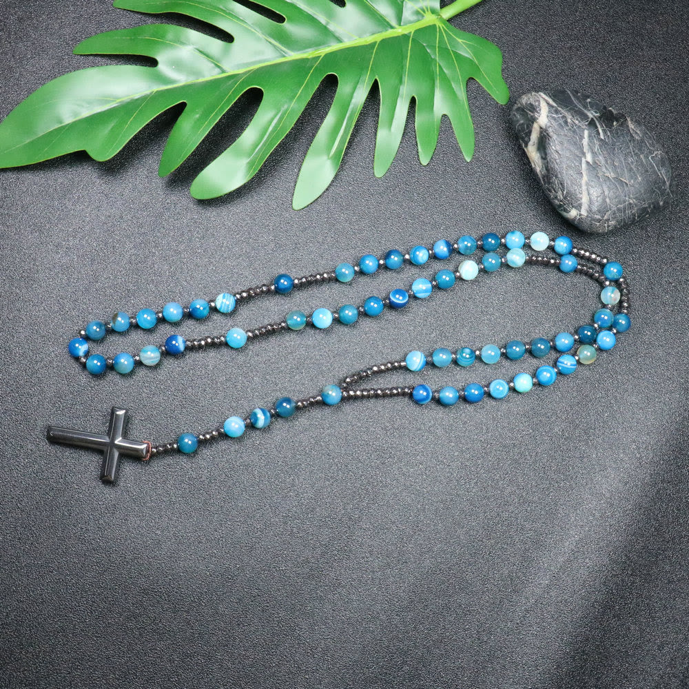 Christianartworkshop 8mm Striped Blue Agate Natural Stone Beads Iron Gallstone Cross Rosary