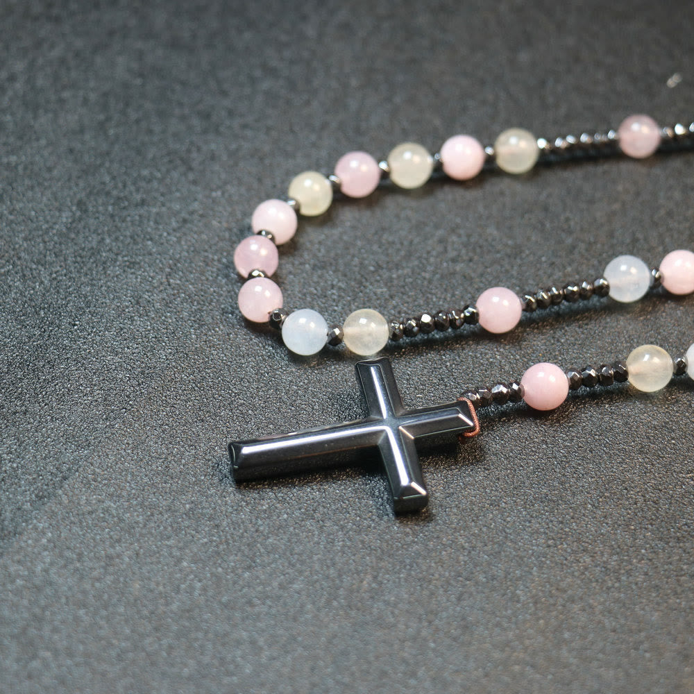 Christianartworkshop 8mm Morganite Beads Iron Gallstone Cross Rosary