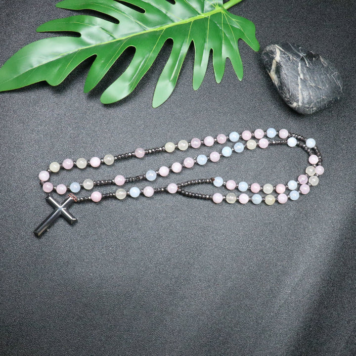 Christianartworkshop 8mm Morganite Beads Iron Gallstone Cross Rosary