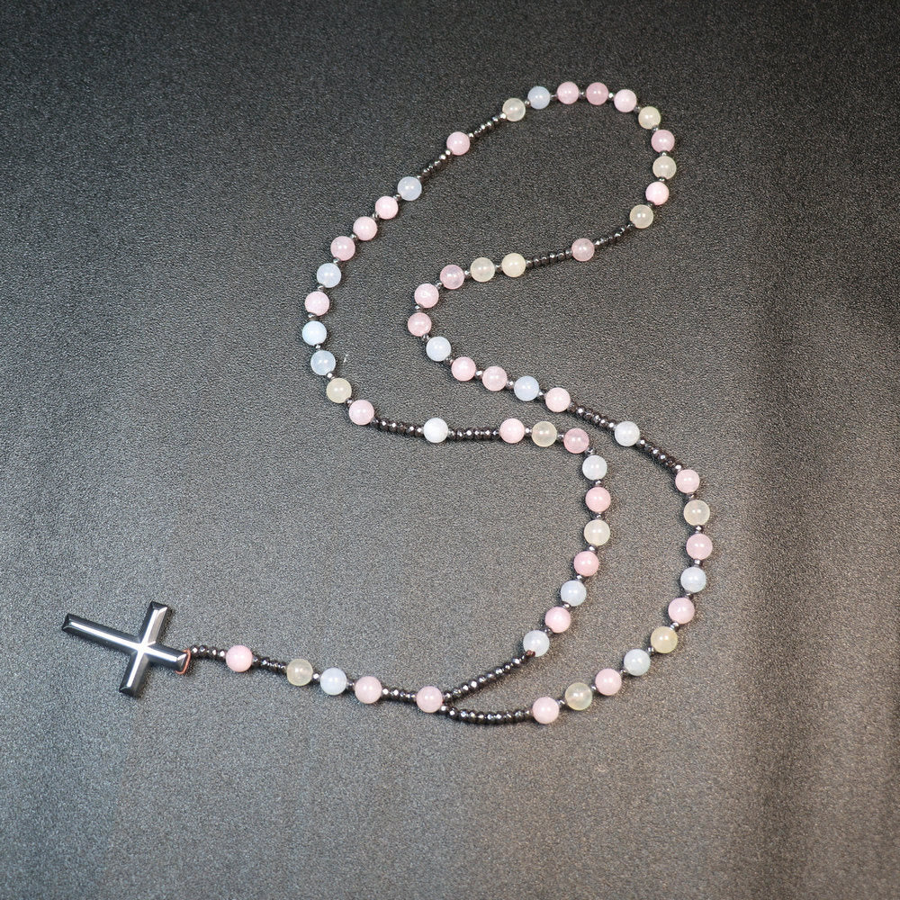 Christianartworkshop 8mm Morganite Beads Iron Gallstone Cross Rosary