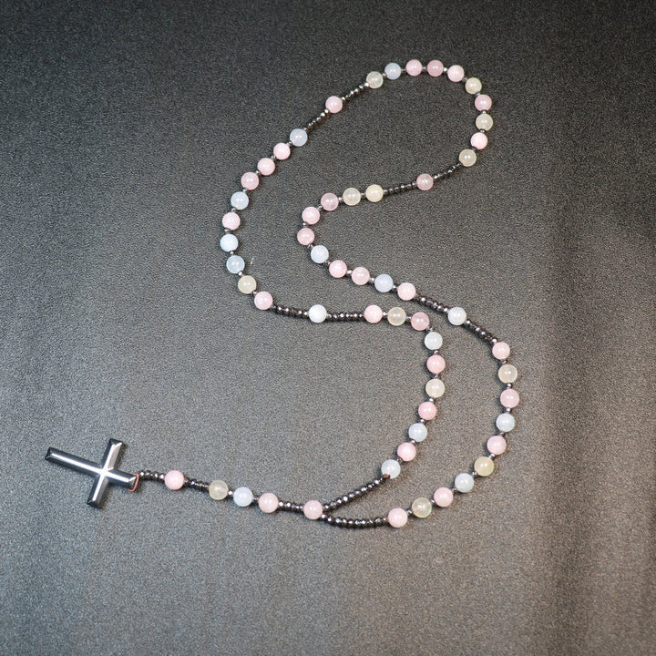 Christianartworkshop 8mm Morganite Beads Iron Gallstone Cross Rosary