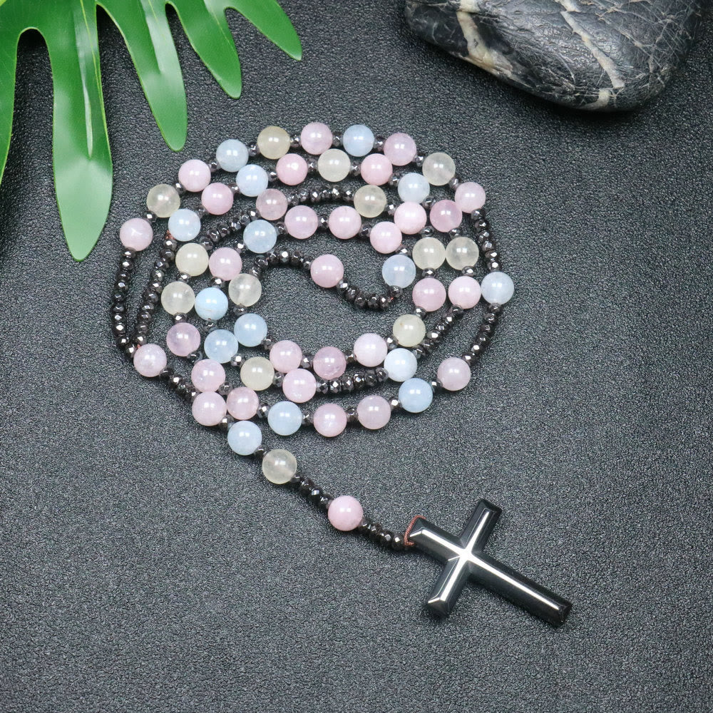 Christianartworkshop 8mm Morganite Beads Iron Gallstone Cross Rosary