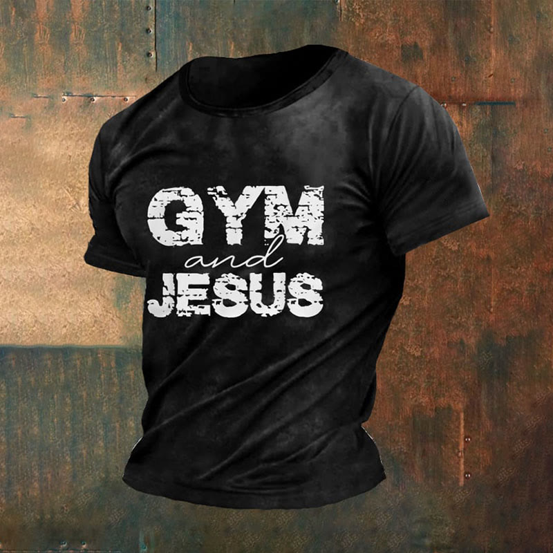 Christianartworkshop Men's Retro Gym And Faith Print Casual Round Neck T-Shirt