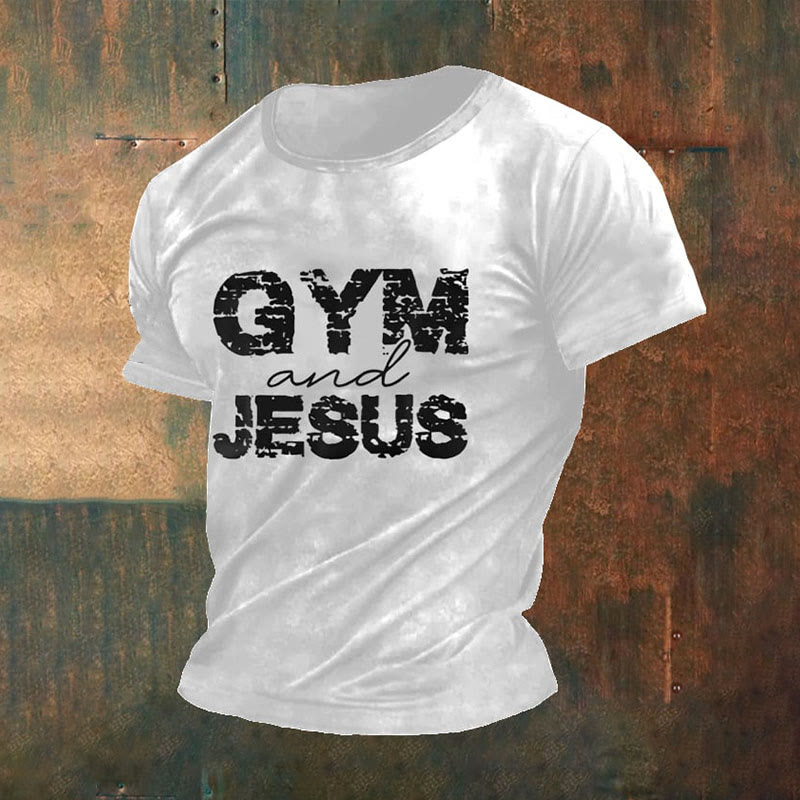 Christianartworkshop Men's Retro Gym And Faith Print Casual Round Neck T-Shirt