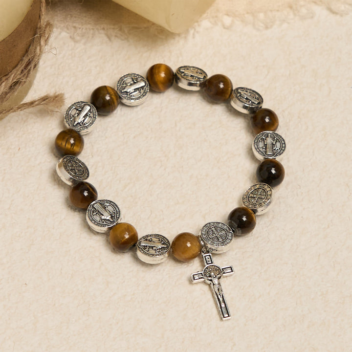 Christianartworkshop St. Benedict Symbol Tiger's Eye Bracelet: A Blend of Faith and Beauty