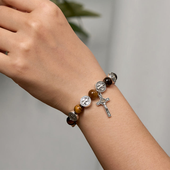 Christianartworkshop St. Benedict Symbol Tiger's Eye Bracelet: A Blend of Faith and Beauty