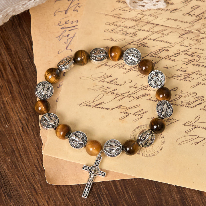 Christianartworkshop St. Benedict Symbol Tiger's Eye Bracelet: A Blend of Faith and Beauty