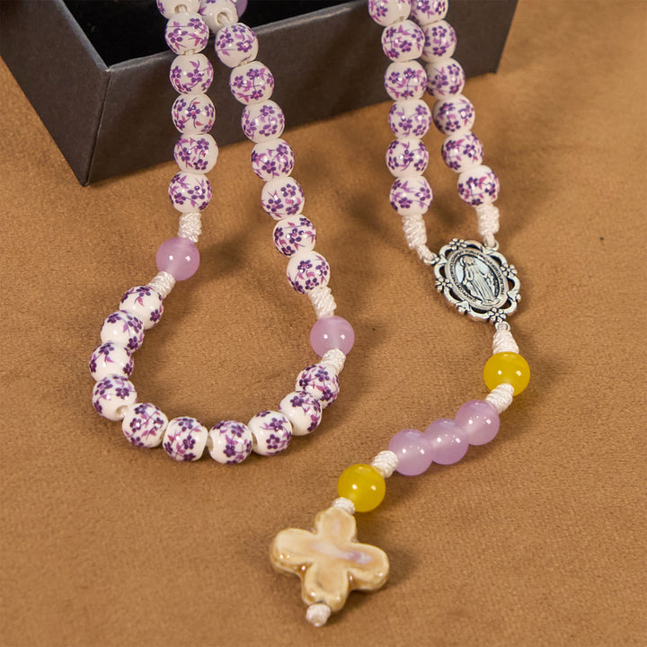 Christianartworkshop Miraculous Medal & Cross of 8mm Flower Ceramic Beads Handmade Rosary for Holy Prayer - image 9