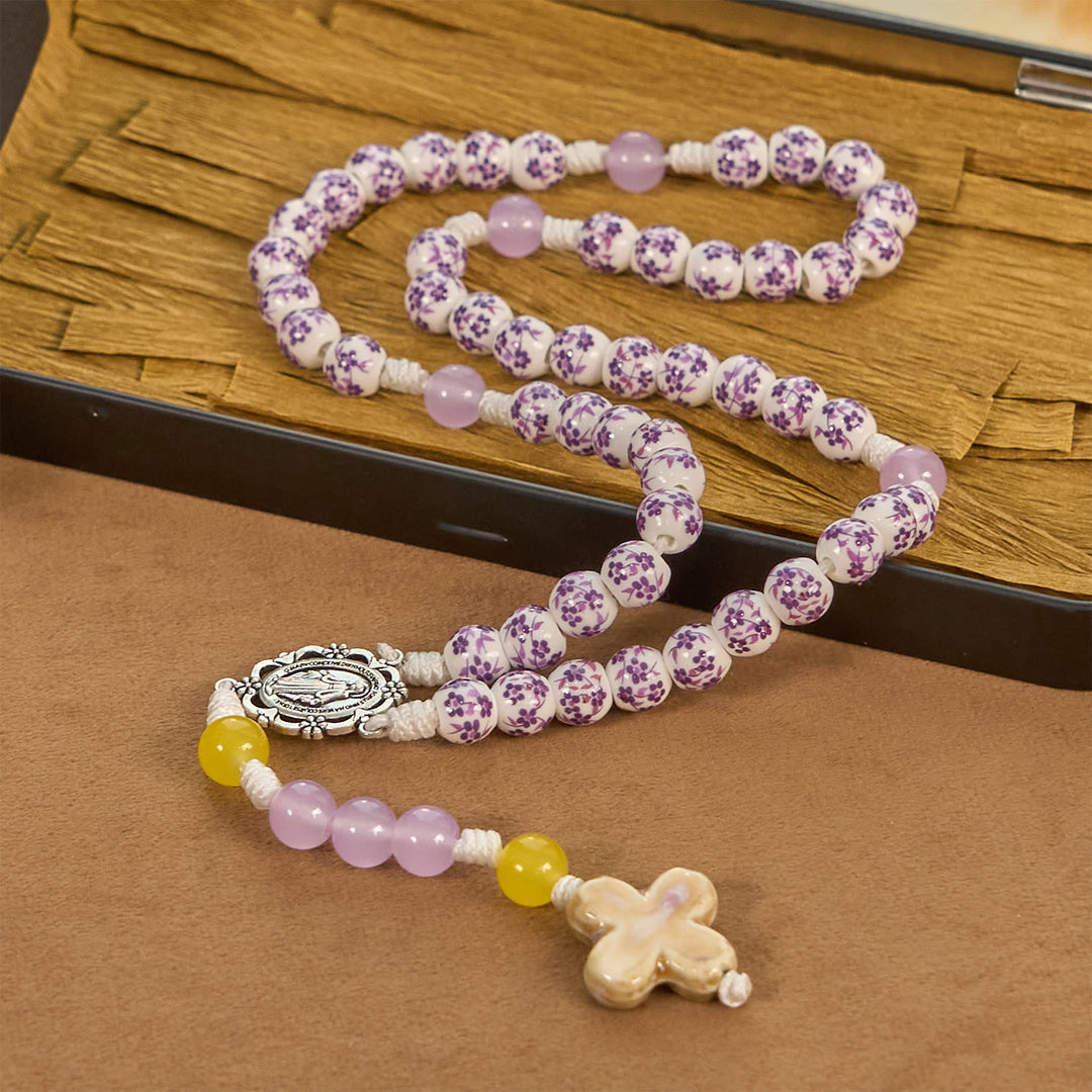 Christianartworkshop Miraculous Medal & Cross of 8mm Flower Ceramic Beads Handmade Rosary for Holy Prayer - image 4