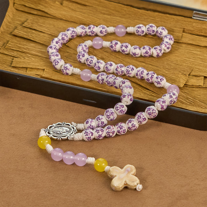 Christianartworkshop Miraculous Medal & Cross of 8mm Flower Ceramic Beads Handmade Rosary for Holy Prayer - image 4