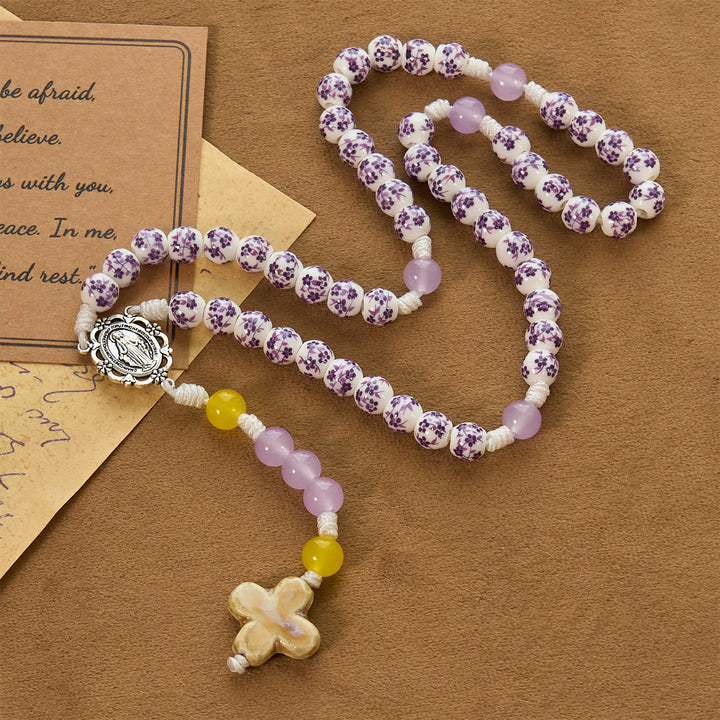 Christianartworkshop Miraculous Medal & Cross of 8mm Flower Ceramic Beads Handmade Rosary for Holy Prayer - image 3