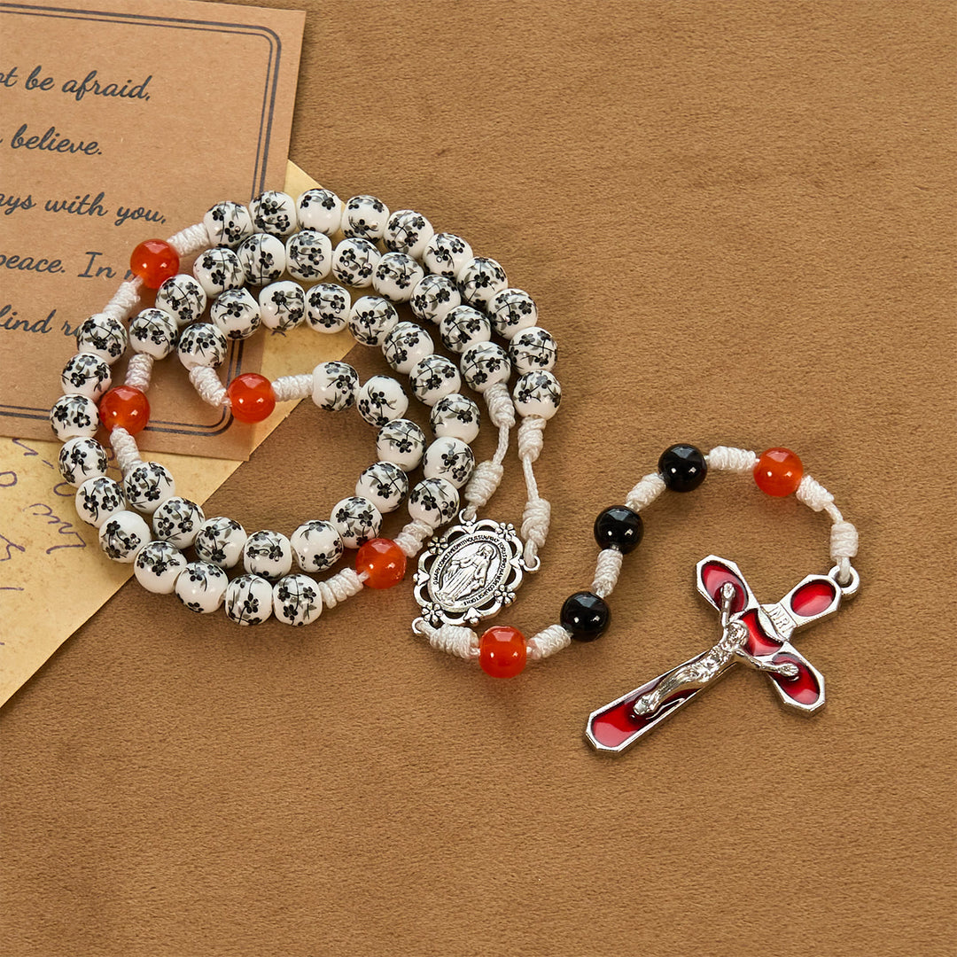 Christianartworkshop Miraculous Medal & Crucifix of 8mm Flower Ceramic Beads Handmade Rosary——Divine Protection Rosary - image 2