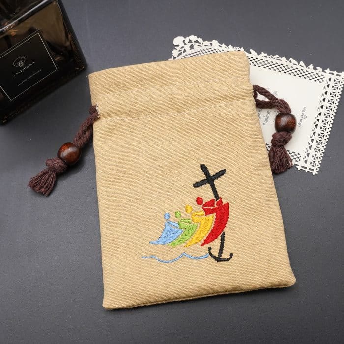 Christianartworkshop Classic Style Cotton Jewelry Pouches Storage Bag with Colorful Sailboat & Cross Embroidery: Divine Protection - Khaki - image 1