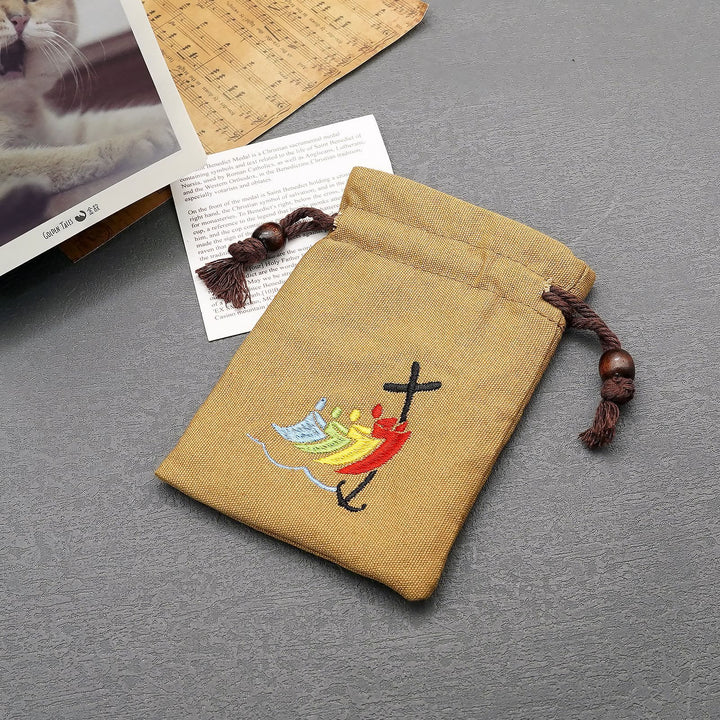 Christianartworkshop Classic Style Cotton Jewelry Pouches Storage Bag with Colorful Sailboat & Cross Embroidery: Divine Protection - Brown - image 5