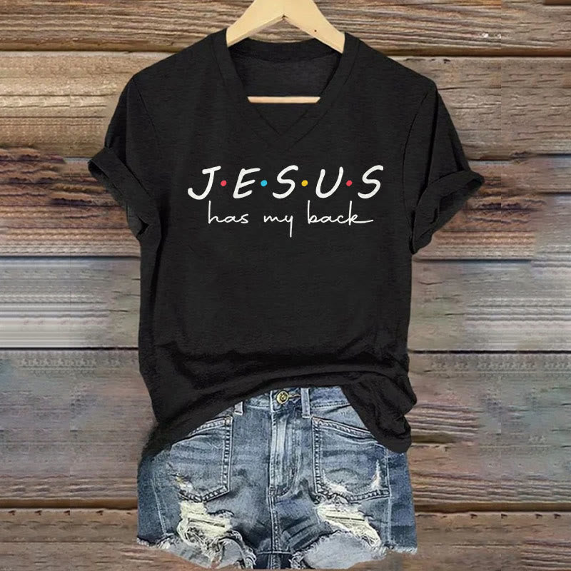 Christianartworkshop Women's Jesus Has My Back Print V-Neck T-shirt