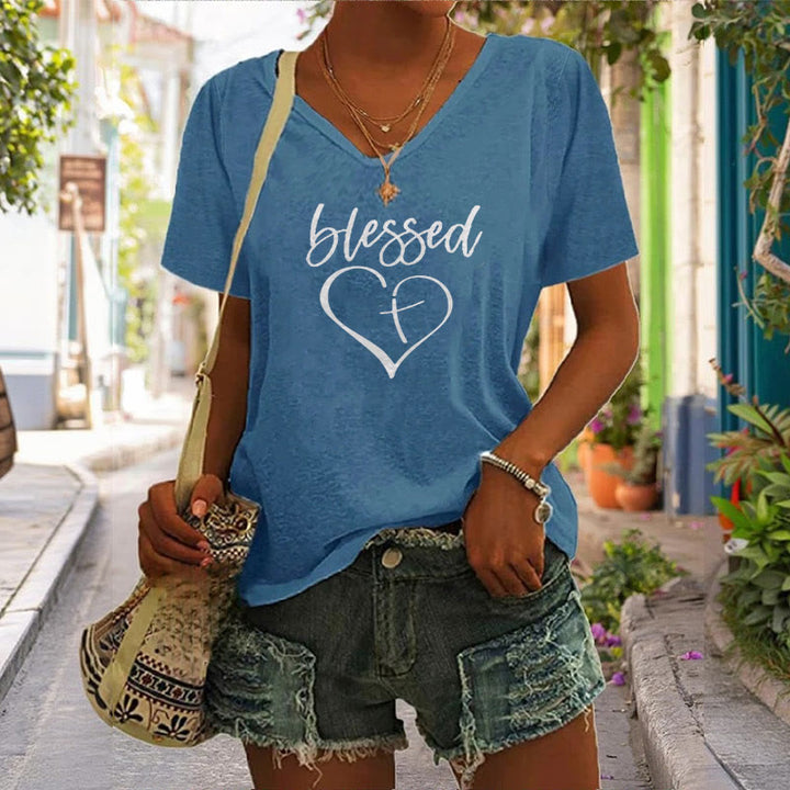 Christianartworkshop Women's Blessed Love Cross Jesus Has My Back Print V-Neck T-shirt