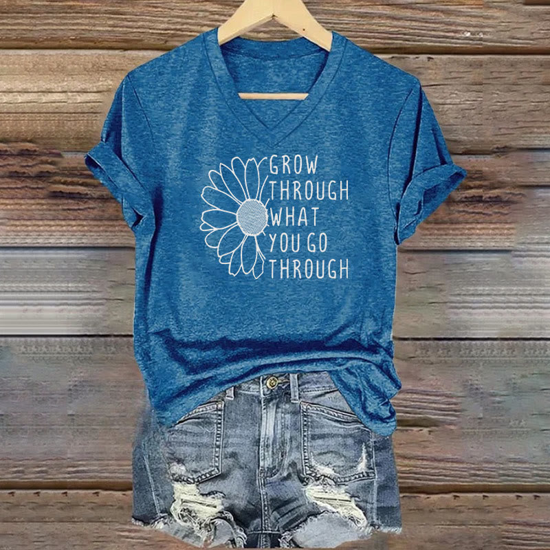 ChristianartworkshopWomen's Grow Through What You Go Through Print V-Neck T-shirt