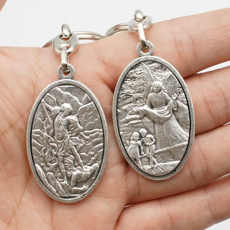 Christianartworkshop Vintage Style Guardian Angel & St. Michael Pendant Keychain: Memento of Faith's Protection - Guardian Angel & St. Michael - image 1