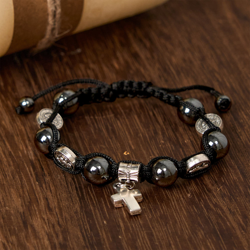 Christianartworkshop Hematite Bead Bracelet with Cross & St. Benedict: Solemn Reminder of Spiritual Roots - image 3