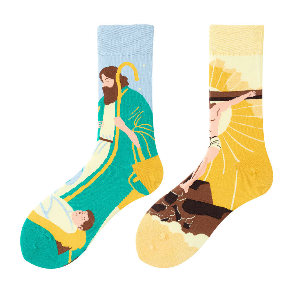 Christianartworkshop Nativity & Crucifix in Colorful Holy Christian Unisex Socks: Colorful Narratives of Faith - One size fits most (EU 36-46 / US 4-13) - 10 Pairs - image 1