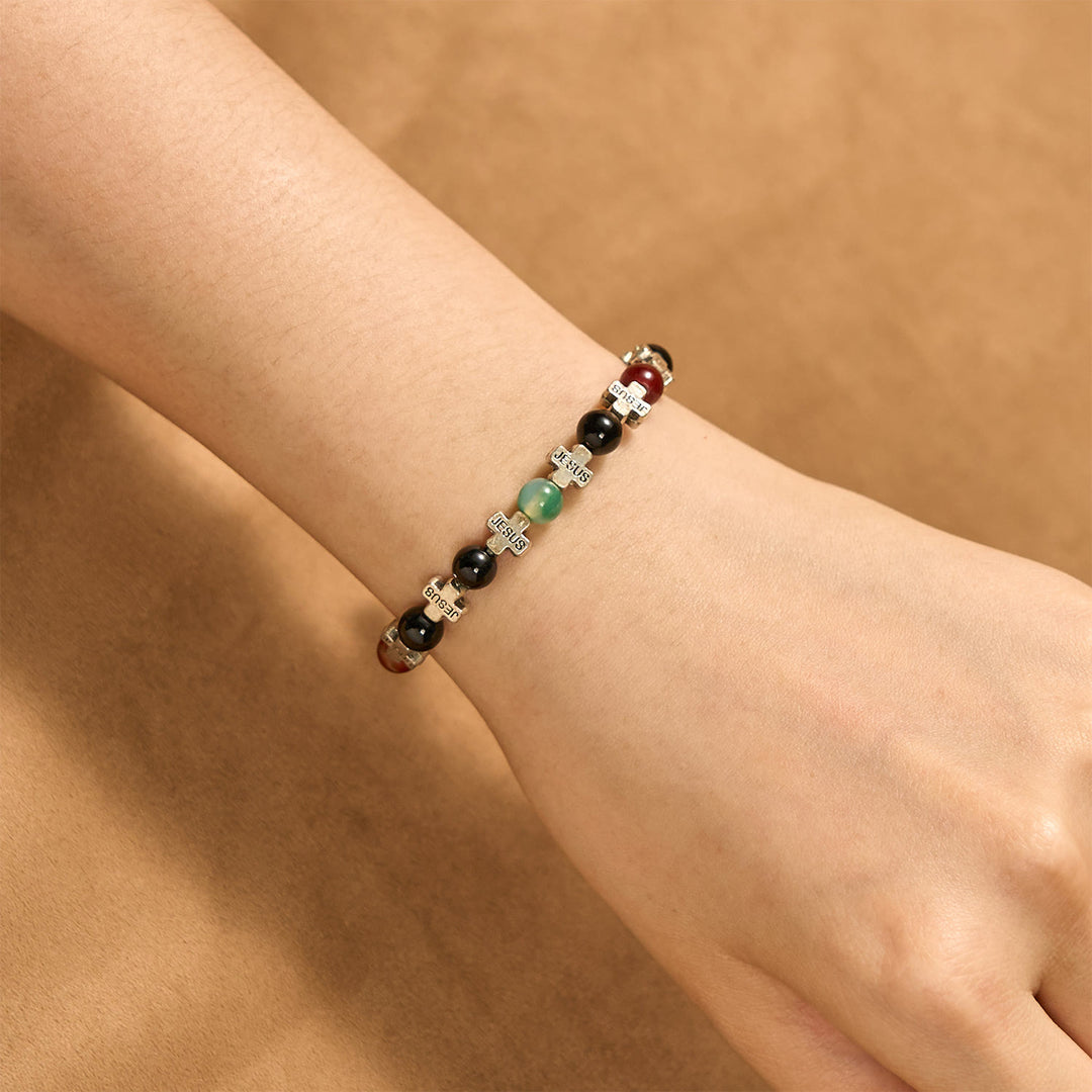 Christianartworkshop Natural Multicolored Agate Bracelet with Two Tone Jesus Cross: Bold Faith Statement - image 6