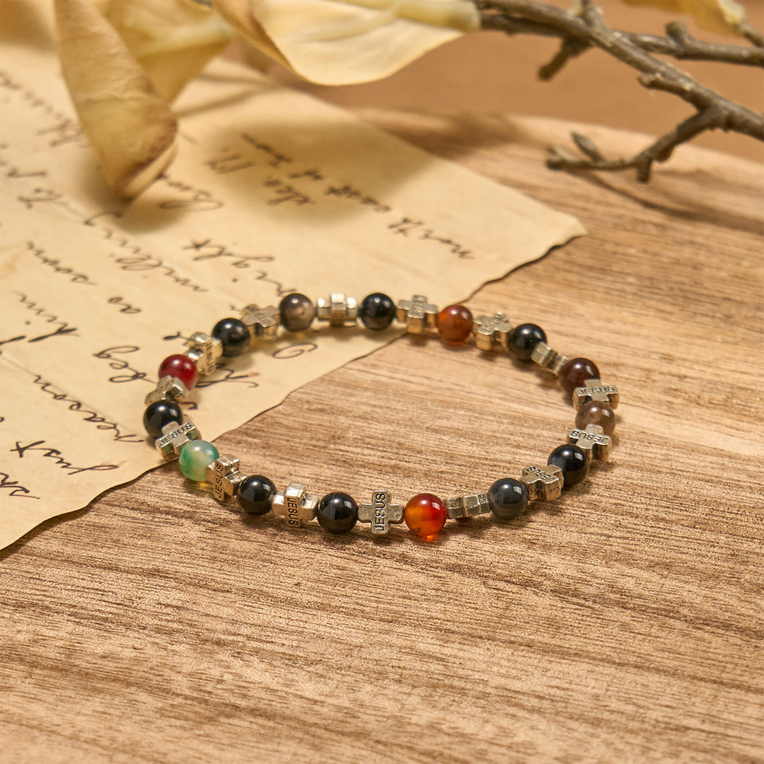 Christianartworkshop Natural Multicolored Agate Bracelet with Two Tone Jesus Cross: Bold Faith Statement - image 4