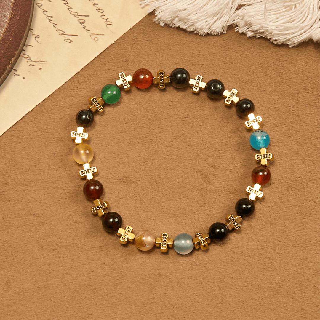 Christianartworkshop Natural Multicolored Agate Bracelet with Two Tone Jesus Cross: Bold Faith Statement - image 9