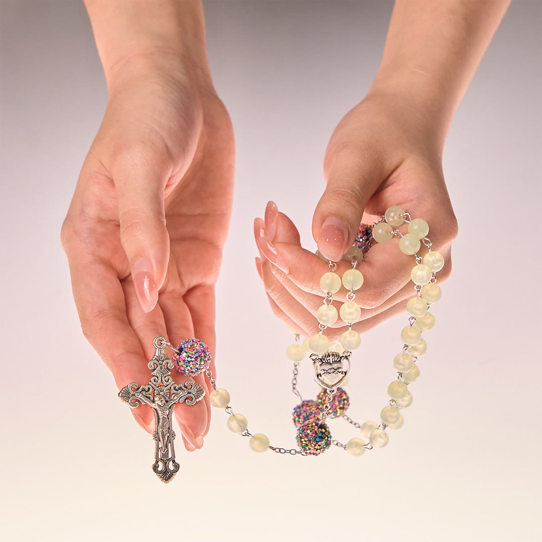 FREE Today: Luminous Light Green Beads and Multicolor Rhinestone Rosary with Metal Sacred Heart & Crucifix