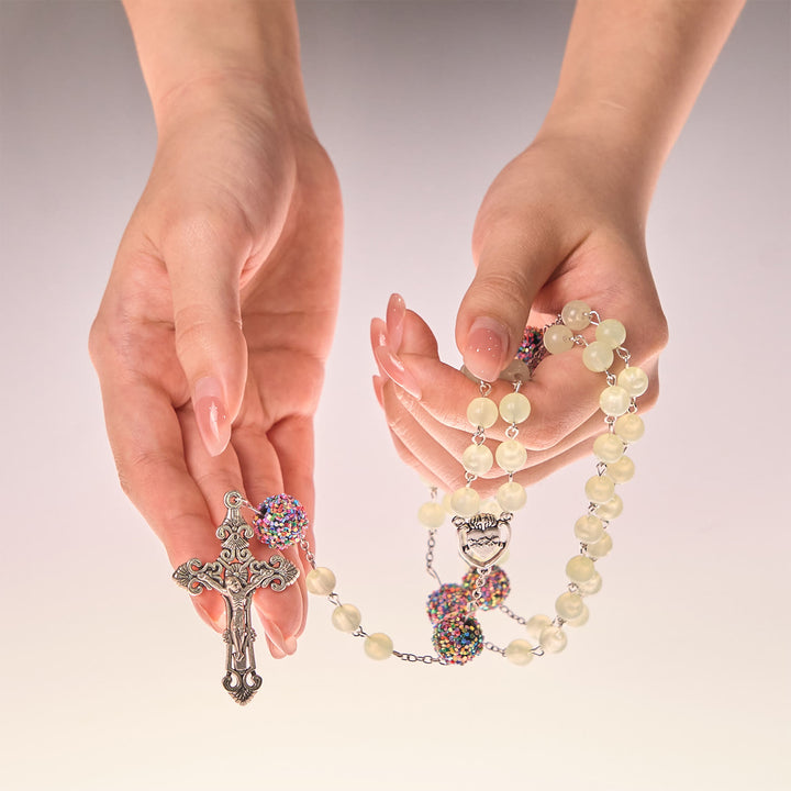 FREE Today: Luminous Light Green Beads and Multicolor Rhinestone Rosary with Metal Sacred Heart & Crucifix