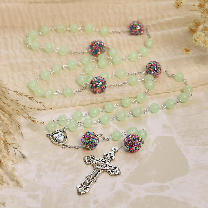 FREE Today: Luminous Light Green Beads and Multicolor Rhinestone Rosary with Metal Sacred Heart & Crucifix