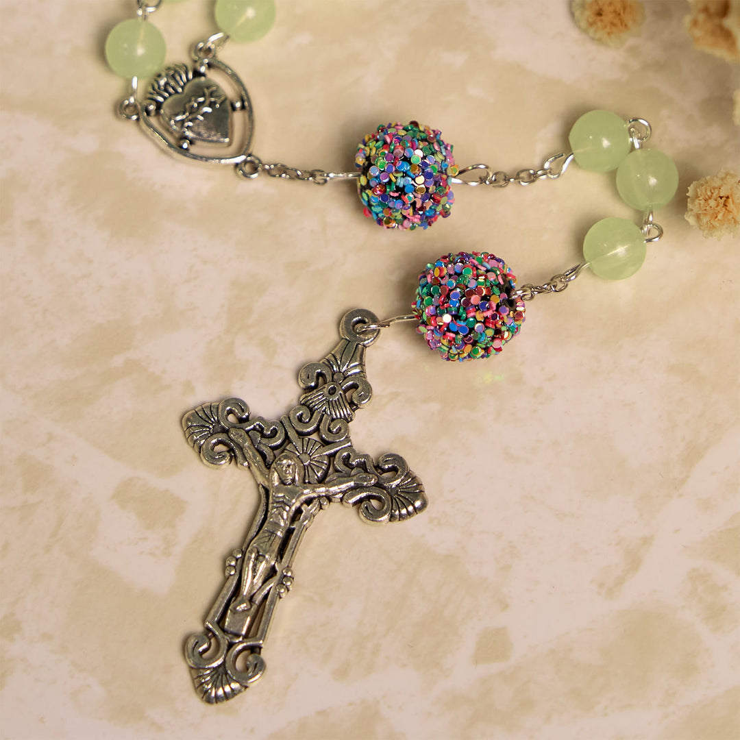 FREE Today: Luminous Light Green Beads and Multicolor Rhinestone Rosary with Metal Sacred Heart & Crucifix