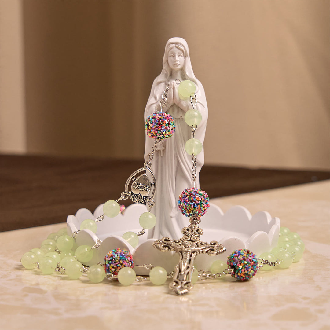 FREE Today: Luminous Light Green Beads and Multicolor Rhinestone Rosary with Metal Sacred Heart & Crucifix