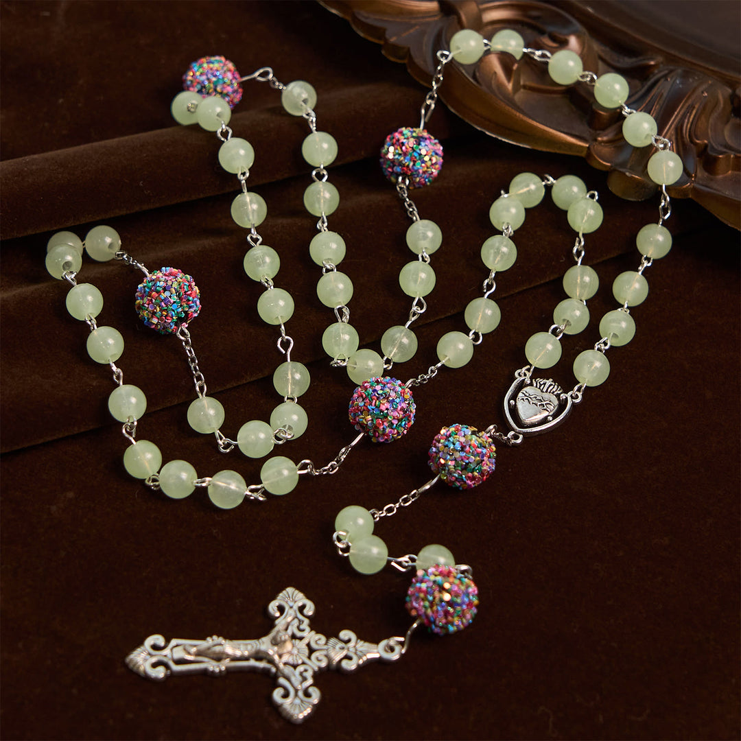 FREE Today: Luminous Light Green Beads and Multicolor Rhinestone Rosary with Metal Sacred Heart & Crucifix