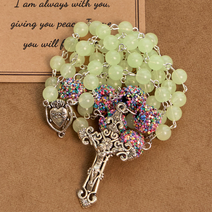 FREE Today: Luminous Light Green Beads and Multicolor Rhinestone Rosary with Metal Sacred Heart & Crucifix