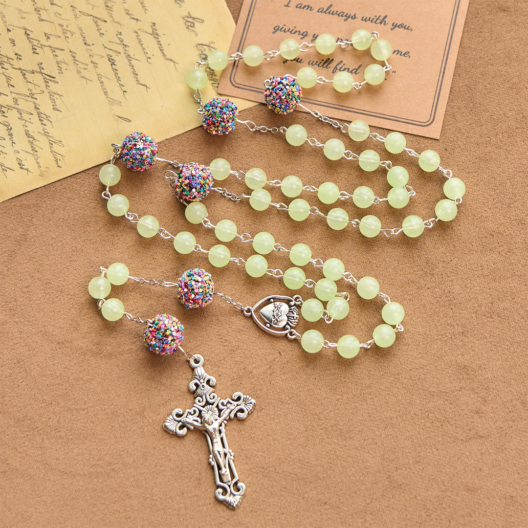 FREE Today: Luminous Light Green Beads and Multicolor Rhinestone Rosary with Metal Sacred Heart & Crucifix